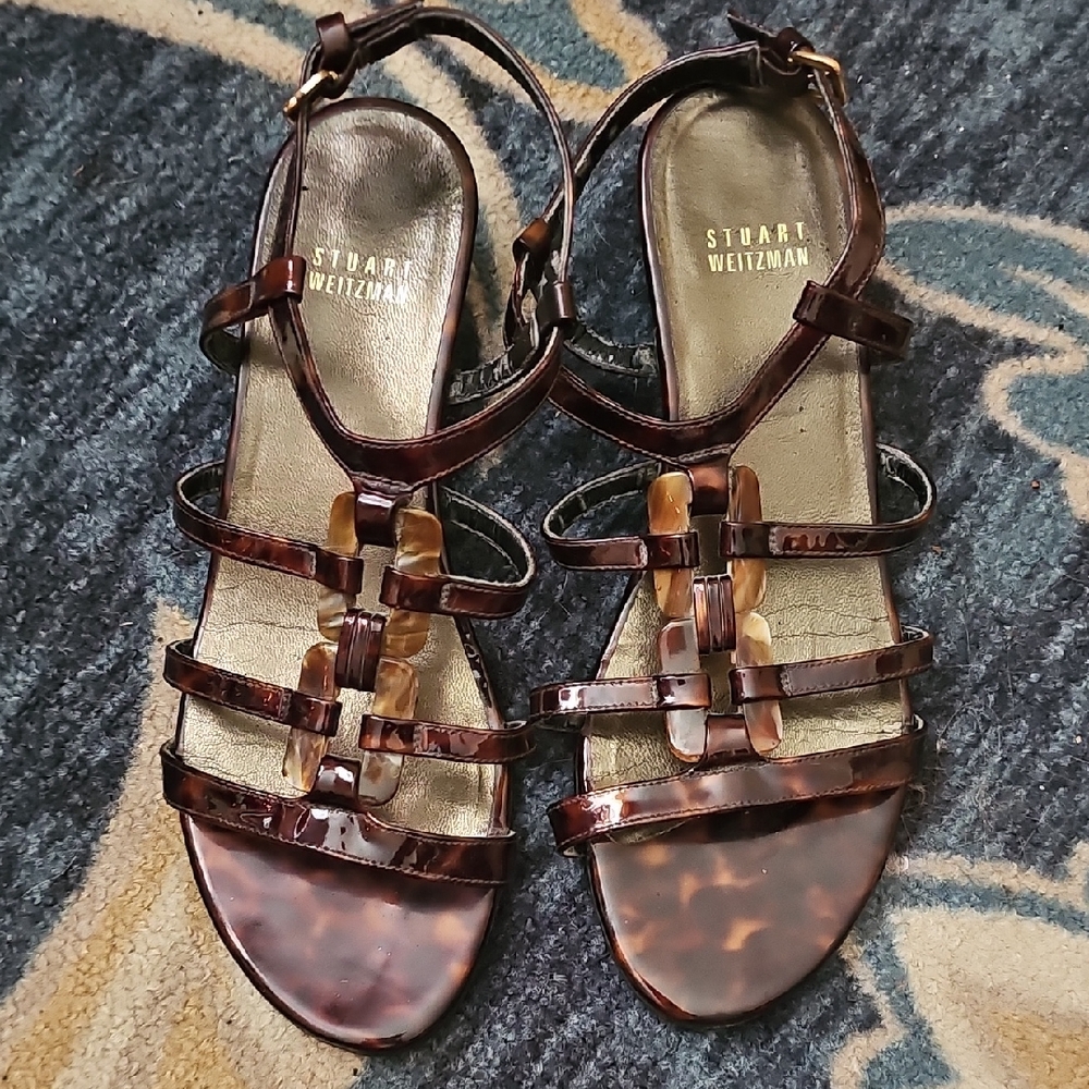 Stuart Weitzman Tortoiseshell Patent Leather Strappy Wedge Sandals size 7m